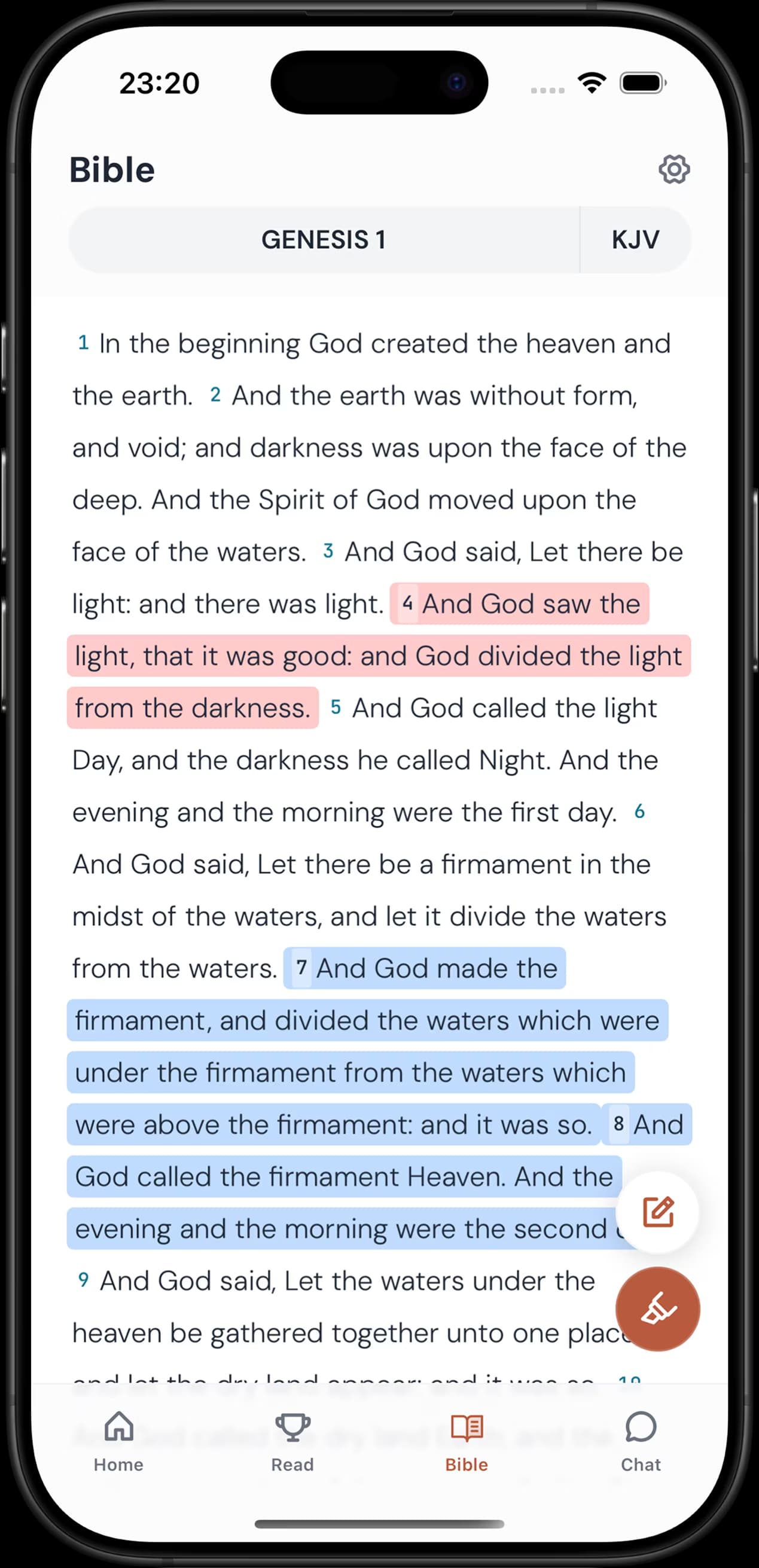 THE ARK Bible reader on iPhone with verse highlights